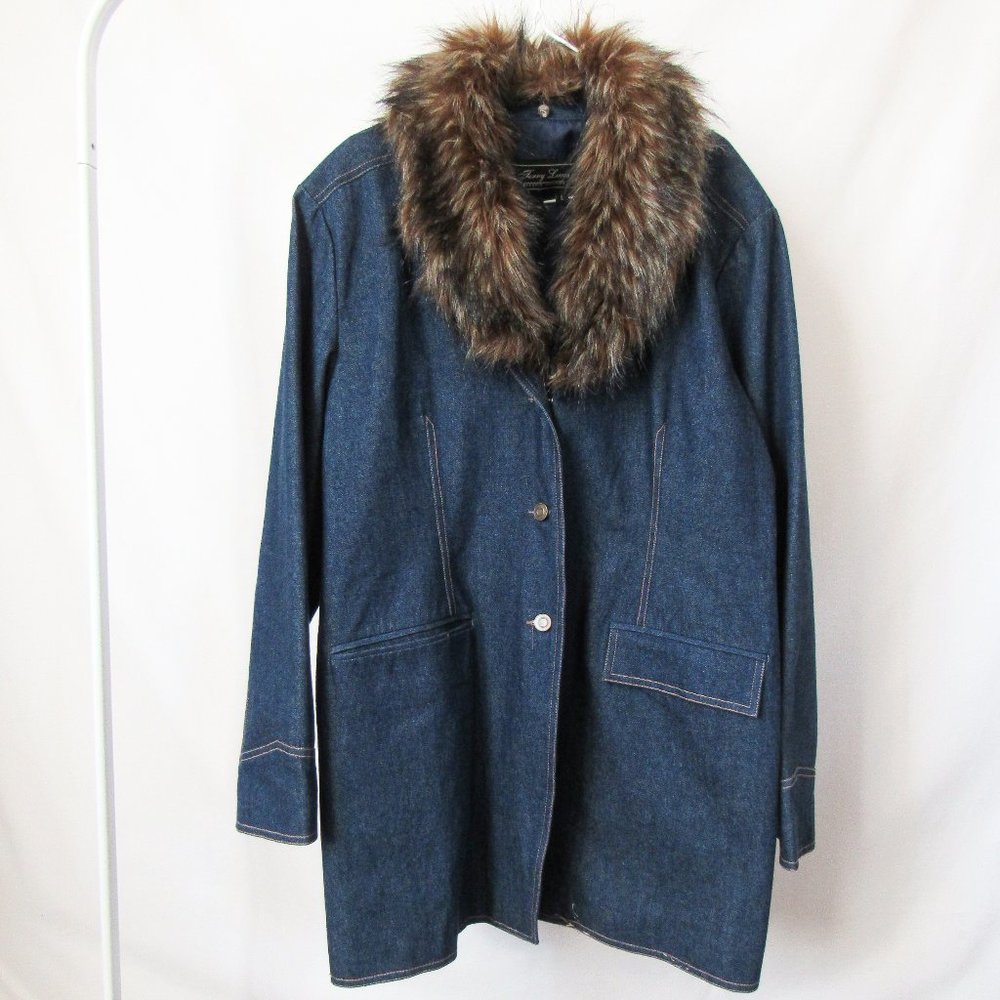 VINTAGE 70S Denim Jacket with Faux Fur Collar Dark Blue Wash Size Large